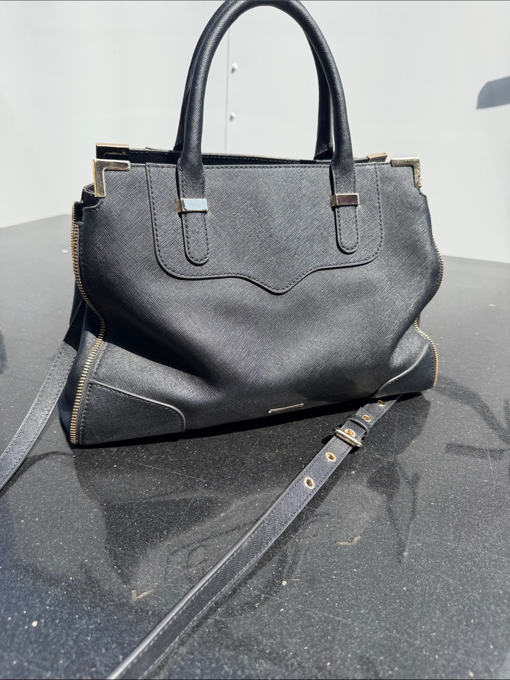 Rebecca Minkoff Amorous Black Leather Satchel with Gold Accents